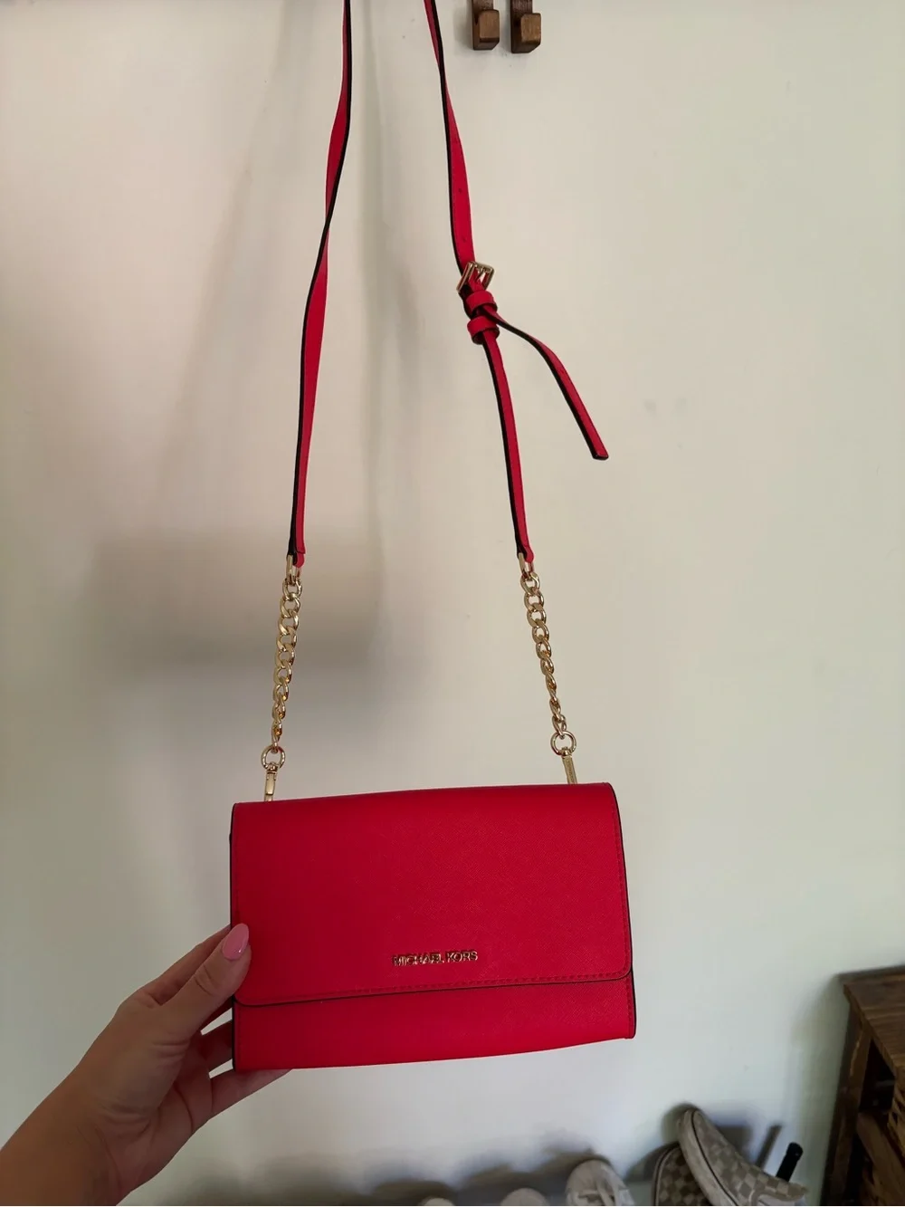 Michael Kors Red Saffiano Crossbody with Gold Chain Strap